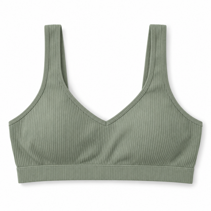 Youthrisewell Sage Green Ribbed Comfort Bralette with V-Neckline