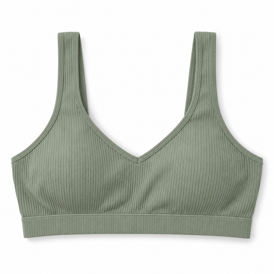 Youthrisewell Sage Green Ribbed Comfort Bralette with V-Neckline