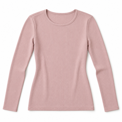 Youthrisewell Dusty Pink Ribbed Soft Lounge Long Sleeve Top with Crew Neckline