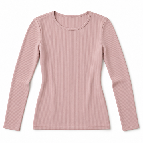 Youthrisewell Dusty Pink Ribbed Soft Lounge Long Sleeve Top with Crew Neckline