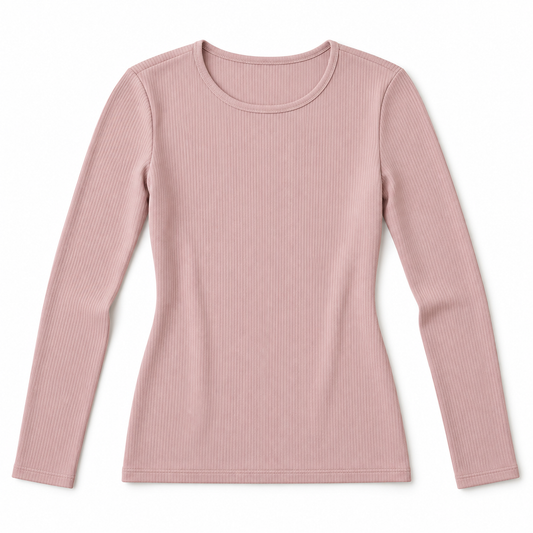 Youthrisewell Dusty Pink Ribbed Soft Lounge Long Sleeve Top with Crew Neckline