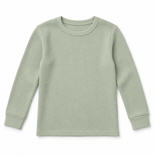 Youthrisewell Sage Green Textured Soft Lounge Long Sleeve Top with Crew Neckline
