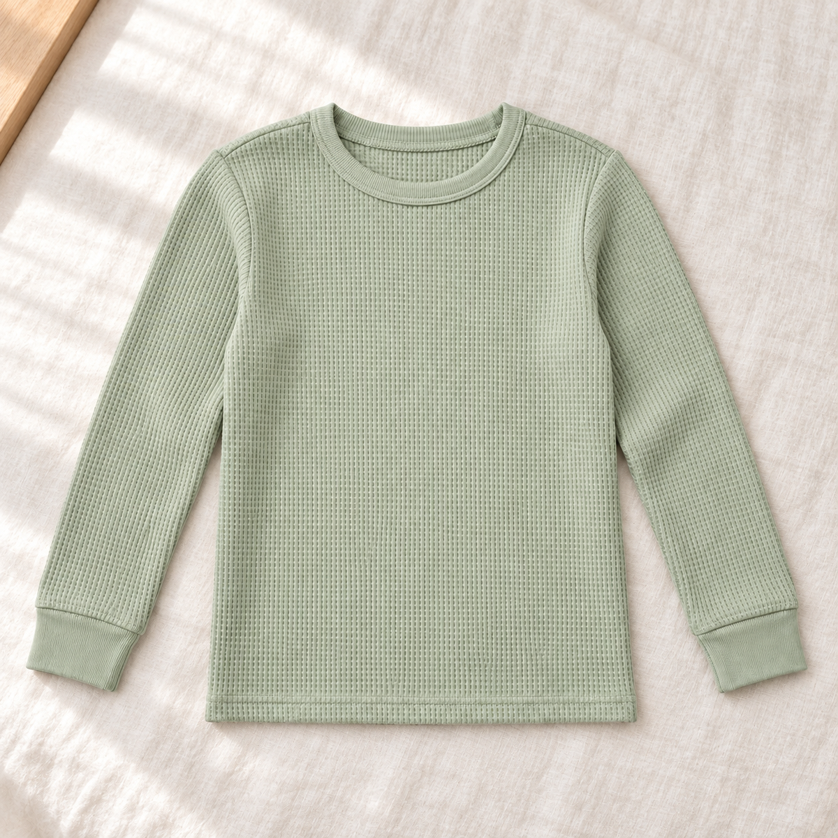 Youthrisewell Sage Green Textured Soft Lounge Long Sleeve Top with Crew Neckline
