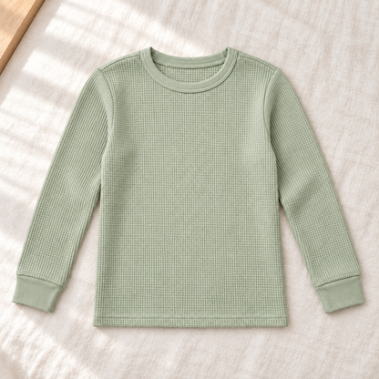 Youthrisewell Sage Green Textured Soft Lounge Long Sleeve Top with Crew Neckline