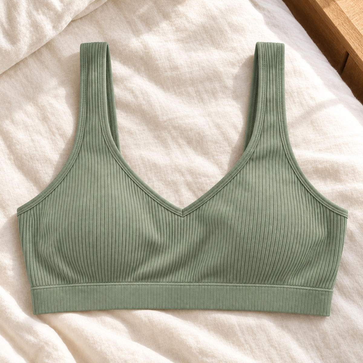 Youthrisewell Sage Green Ribbed Comfort Bralette with V-Neckline