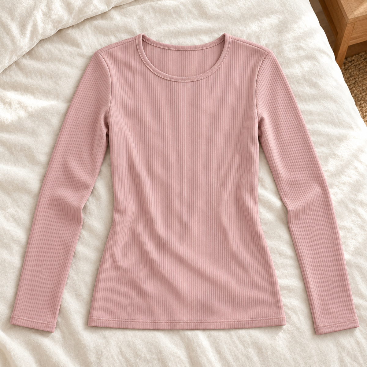 Youthrisewell Dusty Pink Ribbed Soft Lounge Long Sleeve Top with Crew Neckline