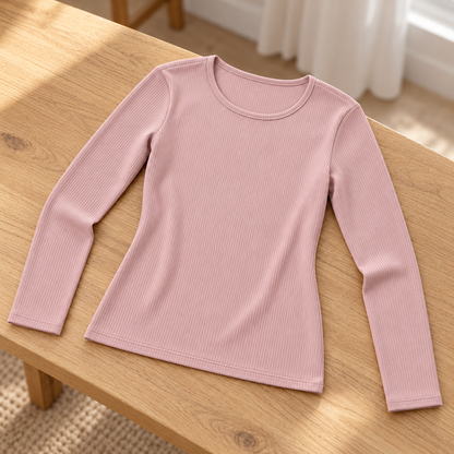Youthrisewell Dusty Pink Ribbed Soft Lounge Long Sleeve Top with Crew Neckline