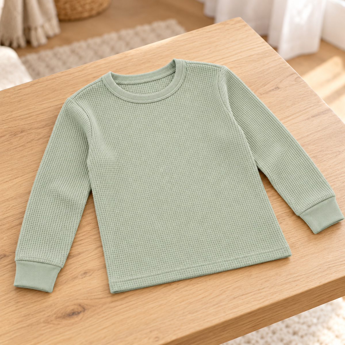 Youthrisewell Sage Green Textured Soft Lounge Long Sleeve Top with Crew Neckline