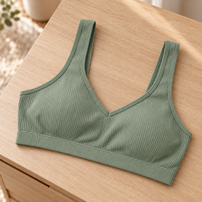 Youthrisewell Sage Green Ribbed Comfort Bralette with V-Neckline