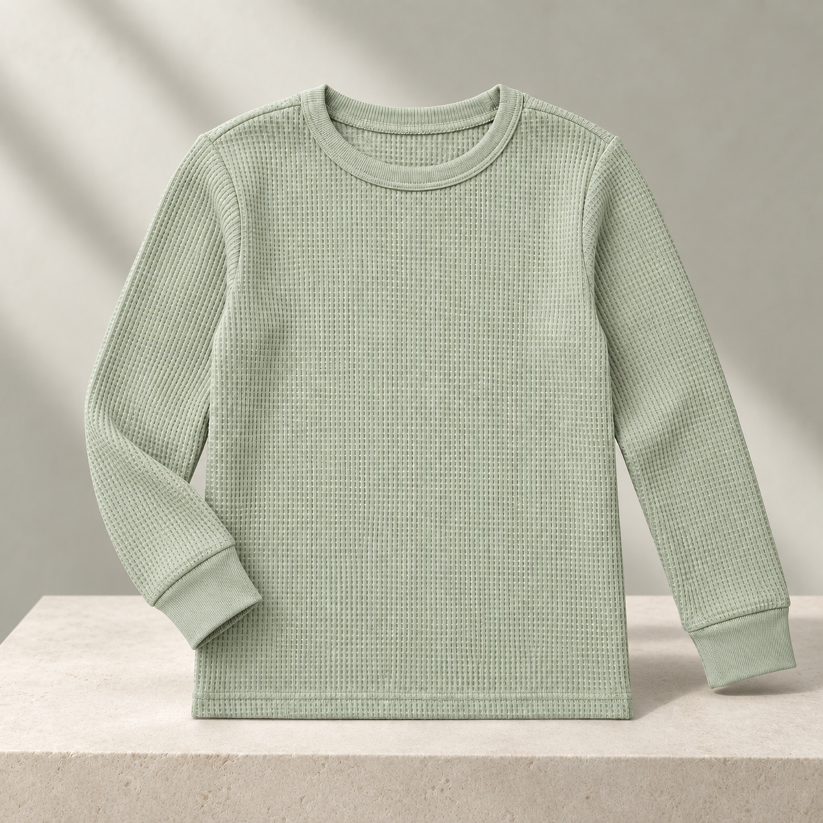 Youthrisewell Sage Green Textured Soft Lounge Long Sleeve Top with Crew Neckline