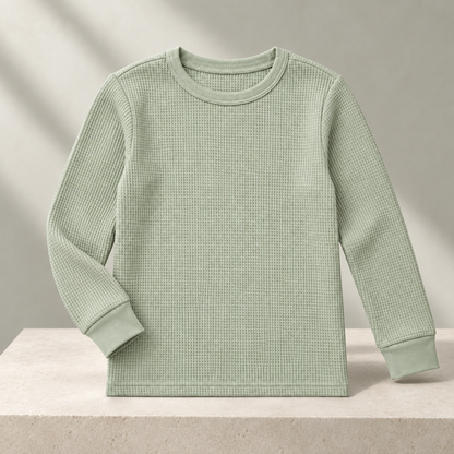 Youthrisewell Sage Green Textured Soft Lounge Long Sleeve Top with Crew Neckline