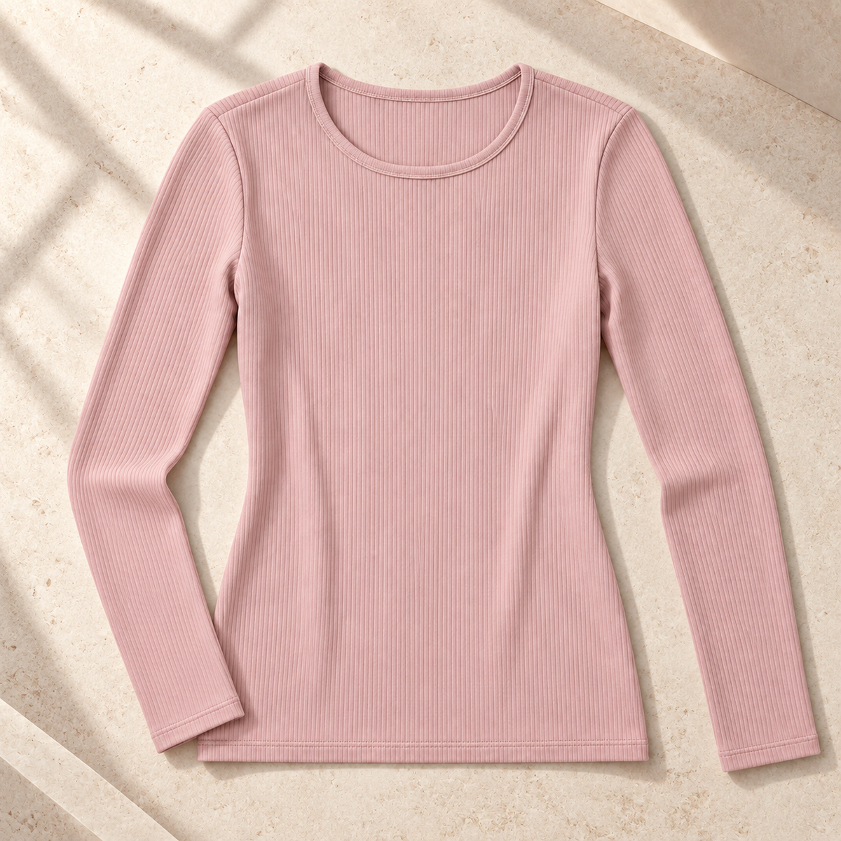 Youthrisewell Dusty Pink Ribbed Soft Lounge Long Sleeve Top with Crew Neckline