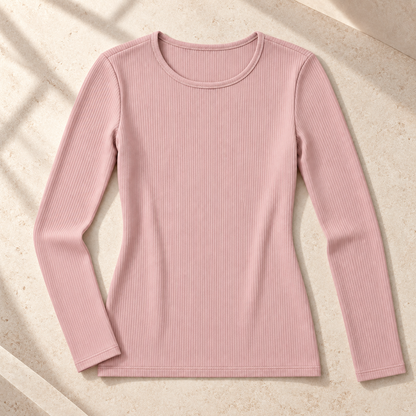 Youthrisewell Dusty Pink Ribbed Soft Lounge Long Sleeve Top with Crew Neckline