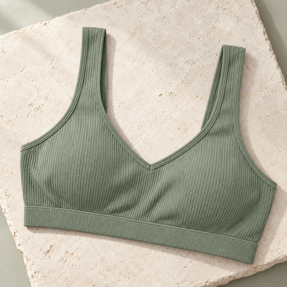 Youthrisewell Sage Green Ribbed Comfort Bralette with V-Neckline